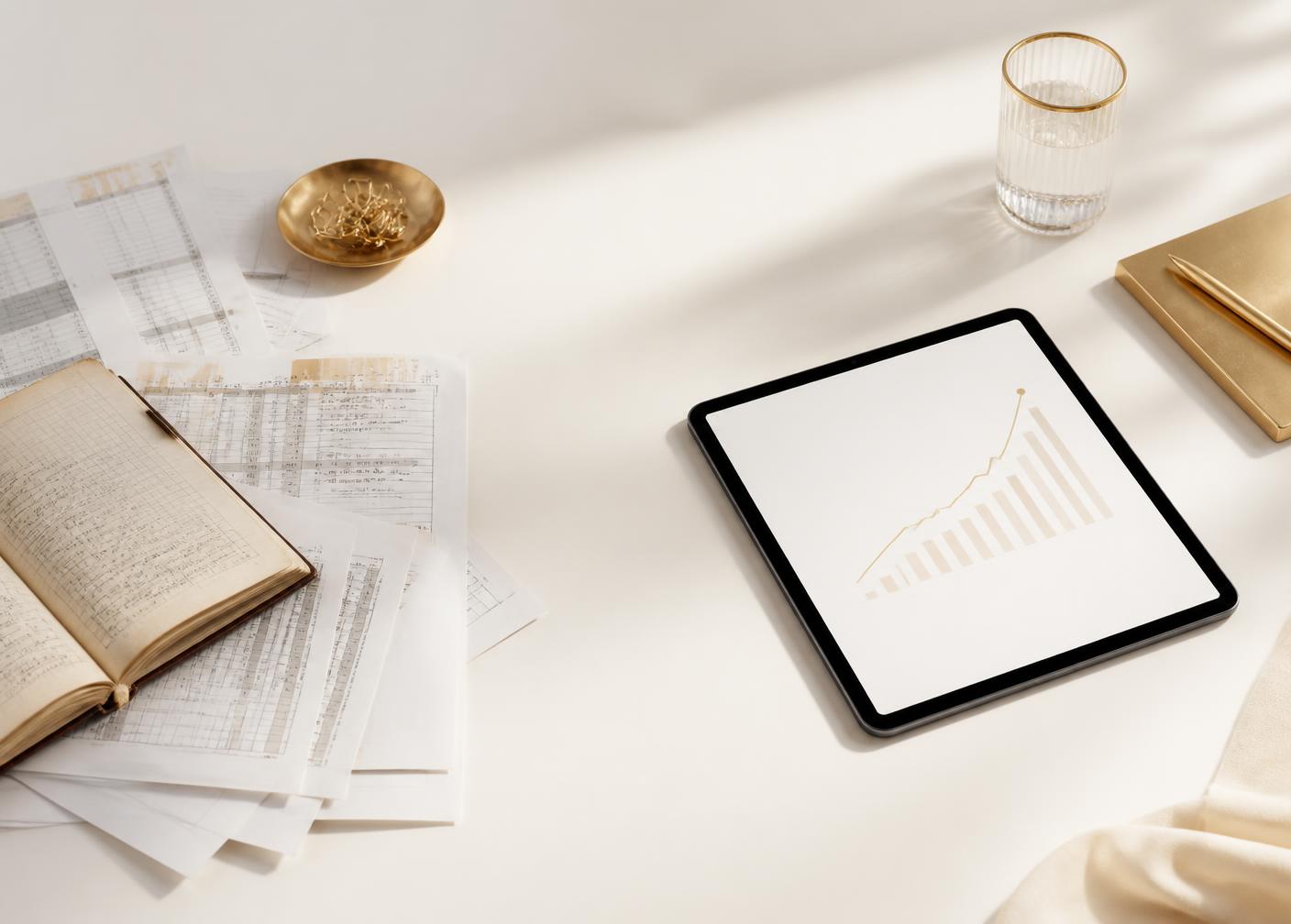 Planilhas impressas e um caderno antigo ao lado de um tablet com gráfico limpo